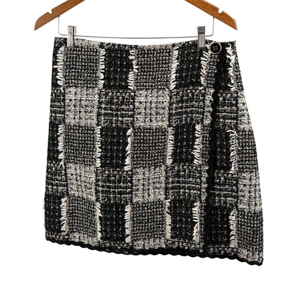Sara Campbell Black White Plaid Tweed Wrap Gold Thread Mini Skirt
